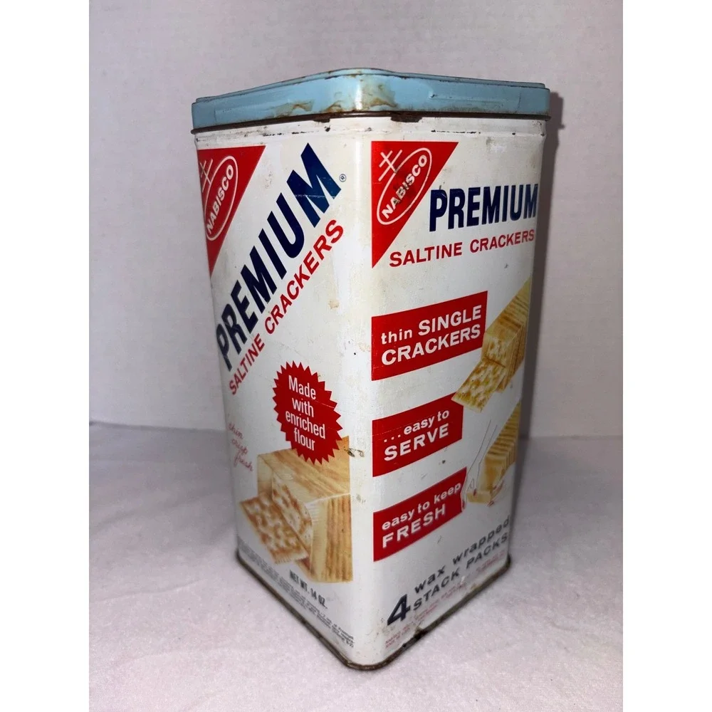 Nabisco Premium Saltine Crackers Tin 1969  Blue Lid Collectible 14oz USA Vintage